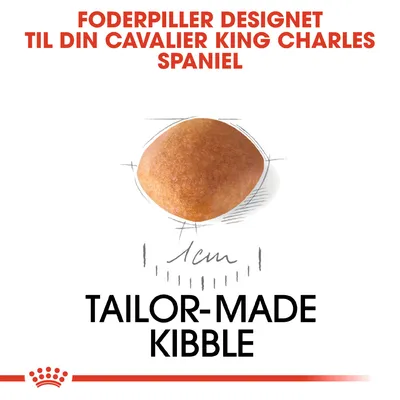 Foderpiller designet til Cavalier King Charles Spaniel, diameter 1 cm. Tekst: TAILOR-MADE KIBBLE.