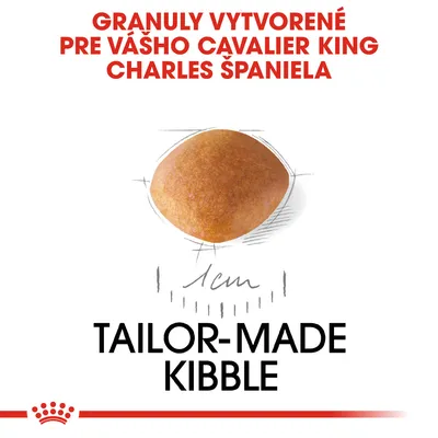 Granuly vytvorené pre vášho Cavalier King Charles španiela, priemer 1 cm, text: TAILOR-MADE KIBBLE.