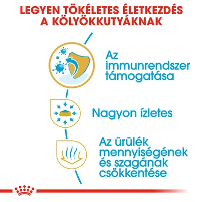 Legyen tökéletes életkezdés a kölyökkutyáknak. Az immunrendszer támogatása, nagyon ízletes, az ürülék mennyiségének és szagának csökkentése.