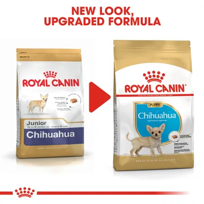 Royal Canin Chihuahua -koiranruoan pakkausuudistus: vasemmalla vanha Junior-pakkaus, oikealla uusi Puppy-pakkaus. Teksti ylhäällä: New look, upgraded formula.