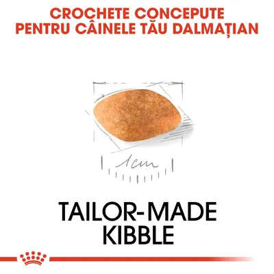 Crochete concepute pentru câinele tău Dalmațian. Tailor-made kibble. Imagine cu o croșetă și dimensiunea de 1 cm indicată sub aceasta.