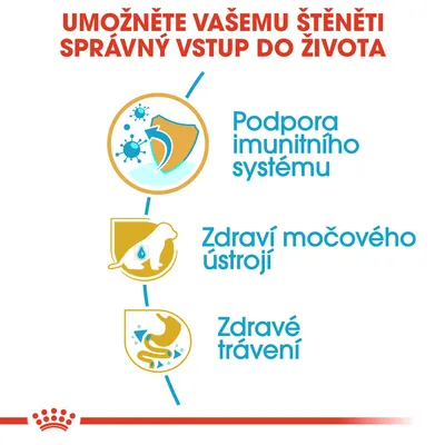 Podpora imunitního systému, zdraví močového ústrojí, zdravé trávení – klíčové benefity pro štěňata zobrazené ikonami a textem.