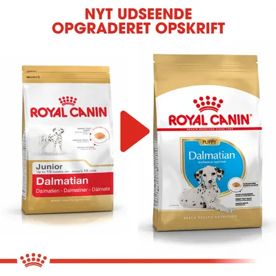 Royal Canin Dalmatian Junior og Puppy hundefoderposer, før og efter designændring. Tekst: NYT UDSEENDE OPGRADERET OPSKRIFT. Begge poser viser dalmatinerhvalp og produktnavn.