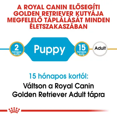 Royal Canin: Golden Retriever kölyöktáp 2 hónapos kortól 15 hónapos korig, utána váltson Royal Canin Golden Retriever Adult tápra. Puppy, Adult feliratok láthatók.