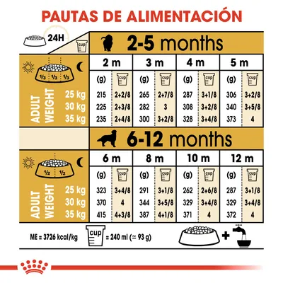 Tabla de pautas de alimentación para cachorros según edad (2–12 meses) y peso adulto (25, 30, 35 kg), con cantidades diarias en gramos y tazas. 1 taza = 240 ml (≈93 g).