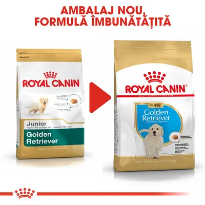 Comparare ambalaj vechi și nou Royal Canin Golden Retriever Junior/Puppy, text vizibil: „AMBALAJ NOU, FORMULĂ ÎMBUNĂTĂȚITĂ”, pungi cu imagine cățel și denumirile produselor.