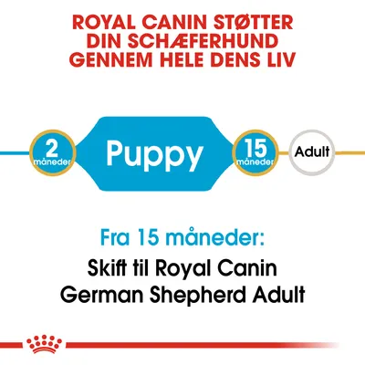 ROYAL CANIN STØTTER DIN SCHÄFERHUND GENNEM HELE DENS LIV. 2 måneder Puppy 15 måneder Adult. Fra 15 måneder: Skift til Royal Canin German Shepherd Adult