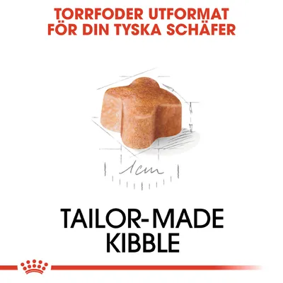 TORRFODER UTFORMAT FÖR DIN TYSKA SCHÄFER. Bild på foderbit, cirka 1 cm stor. Text: TAILOR-MADE KIBBLE.