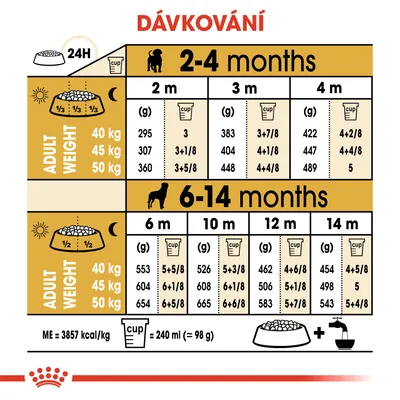 Tabulka dávkování pro psy podle věku (2–14 měsíců) a hmotnosti v dospělosti (40, 45, 50 kg), uvedeny gramy i odměrky na den. 1 odměrka = 240 ml (≈98 g).