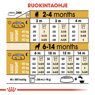 Ruokintaohje: pennun ikä 2–14 kk, aikuispaino 40–50 kg. Päivittäinen annos grammoina ja kuppimäärinä eri kuukausille. 1 kuppi = 240 ml (noin 98 g).