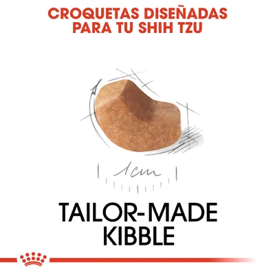 Croquetas diseñadas para tu Shih Tzu, tamaño aproximado 1 cm. Texto en inglés: Tailor-made kibble.