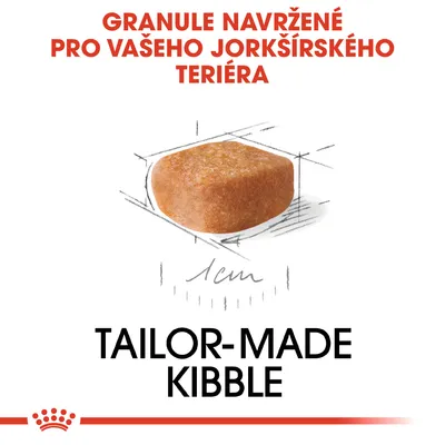 Granule navržené pro vašeho jorkšírského teriéra, obrázek granule s rozměrem 1 cm, text: TAILOR-MADE KIBBLE.