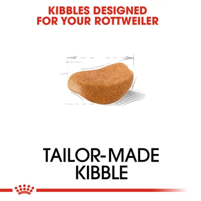 KIBBLES DESIGNED FOR YOUR ROTTWEILER. TAILOR-MADE KIBBLE. Κείμενο στα αγγλικά με εικόνα κροκέτας σκύλου.