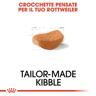 Testo: Crocchette pensate per il tuo Rottweiler. Immagine di una crocchetta. Testo in inglese: Tailor-made kibble.