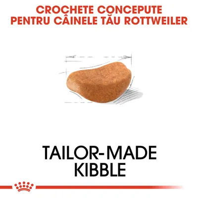 CROCHETE CONCEPUTE PENTRU CÂINELE TĂU ROTTWEILER. Imagine cu o croșetă și text: TAILOR-MADE KIBBLE.