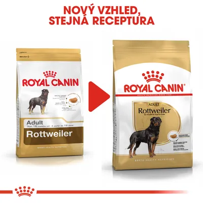 Porovnání starého a nového obalu krmiva Royal Canin Adult Rottweiler s textem: NOVÝ VZHLED, STEJNÁ RECEPTURA.