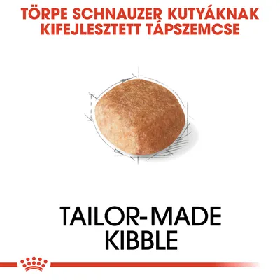 Törpe schnauzer kutyáknak kifejlesztett tápszemcse. Tailor-made kibble felirat látható.
