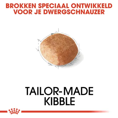 Brokken speciaal ontwikkeld voor je dwergschnauzer. TAILOR-MADE KIBBLE. Afbeelding van een enkele brok hondenvoer.