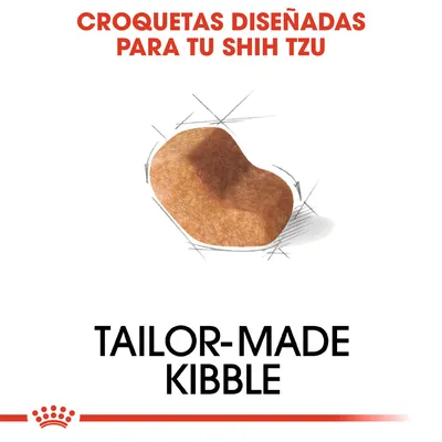 Croquetas diseñadas para tu Shih Tzu. Imagen de una croqueta individual. Texto en inglés: tailor-made kibble.