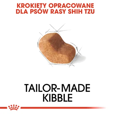 KROKIETY OPRACOWANE DLA PSÓW RASY SHIH TZU, TAILOR-MADE KIBBLE. Widoczny pojedynczy krokiet o nieregularnym kształcie na białym tle.