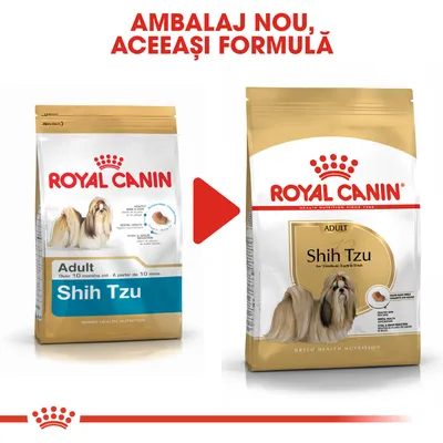Imagine cu două ambalaje de hrană pentru câini Royal Canin Shih Tzu Adult, vechi și nou, cu textul „AMBALAJ NOU, ACEEAȘI FORMULĂ” deasupra.