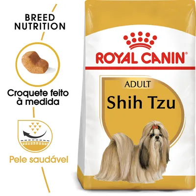 Embalagem de ração Royal Canin Adult Shih Tzu, com texto visível: 'Croquete feito à medida', 'Pele saudável' e imagem de um croquete e de um cão Shih Tzu.