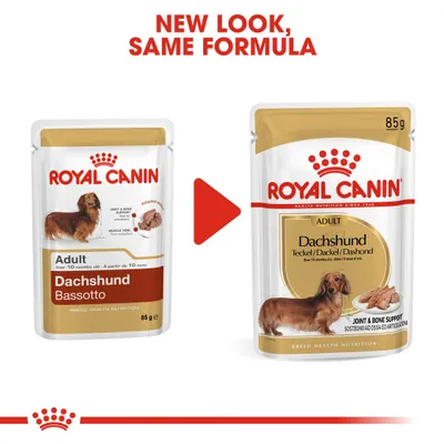 Royal Canin Dachshund Adult 85 g märkäruoan pakkausuudistus: vasemmalla vanha, oikealla uusi ulkoasu. Teksti ylhäällä: NEW LOOK, SAME FORMULA.