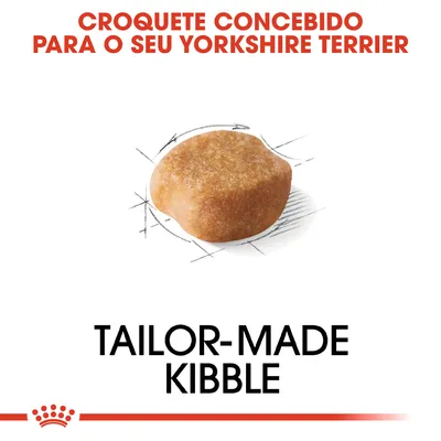 Texto: 'Croquete concebido para o seu Yorkshire Terrier'. Imagem de um croquete. Texto em inglês: 'Tailor-made kibble'. Marca Royal Canin visível.