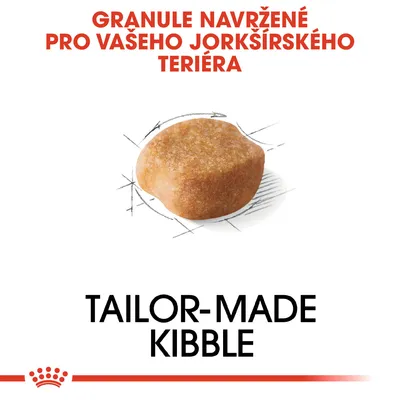 Granule navržené pro vašeho jorkšírského teriéra. TAILOR-MADE KIBBLE. Zobrazená jedna granule s náčrtkem tvaru.