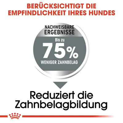 Tar hänsyn till din hunds känslighet. Påvisade resultat: upp till 75 % mindre tandbeläggning. Minskar bildandet av tandbeläggning.
