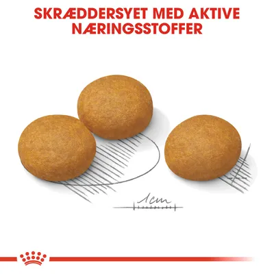 Tre runde foderpiller med tekst: SKRÆDDERSYET MED AKTIVE NÆRINGSSTOFFER. Størrelsesangivelse: 1 cm.