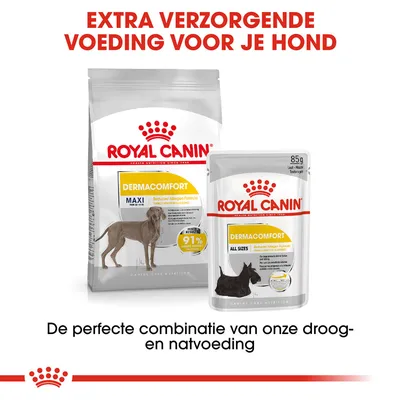 Royal Canin Dermacomfort Maxi droogvoer en Dermacomfort All Sizes natvoeding voor honden, tekst: extra verzorgende voeding voor je hond, perfecte combinatie van droog- en natvoeding.