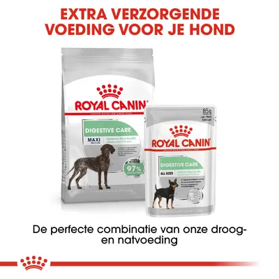 Royal Canin Digestive Care droogvoer MAXI en natvoer ALL SIZES voor honden. Tekst: Extra verzorgende voeding voor je hond. De perfecte combinatie van onze droog- en natvoeding.