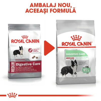 Două pungi Royal Canin Digestive Care pentru câini de talie medie, ambalaj vechi și nou. Text sus: Ambalaj nou, aceeași formulă. Pe ambalaj: 91% rezultate optime, improves stool quality.