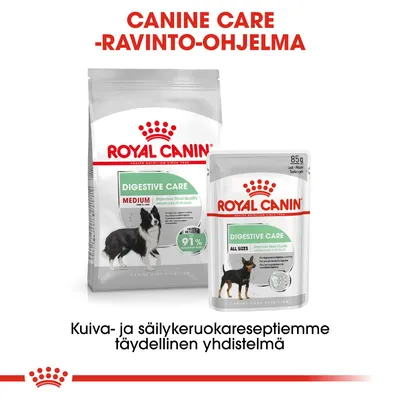Royal Canin Digestive Care Medium -kuivaruoka ja Digestive Care All Sizes 85 g -säilykeruoka koirille. Teksti: Canine Care -ravinto-ohjelma, täydellinen yhdistelmä.