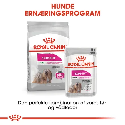 Royal Canin Exigent MINI tørfoder og Exigent ALL SIZES vådfoder til hunde. Tekst: Hunde Ernæringsprogram, Den perfekte kombination af vores tør- og vådfoder.