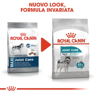 Confronto tra vecchio e nuovo packaging Royal Canin Joint Care Maxi per cani, testo visibile: 'NUOVO LOOK, FORMULA INVARIATA', 97% owners satisfied, Eases Movement.
