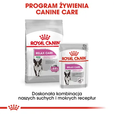 Royal Canin Relax Care Mini karma sucha i mokra dla psów. Widoczne opakowania: worek oraz saszetka 85 g. Program żywienia Canine Care. Doskonała kombinacja receptur.