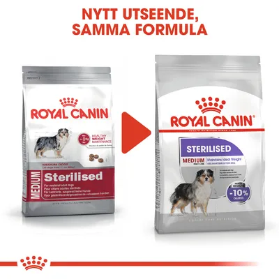 Royal Canin Medium Sterilised hundfoder, bild på gammal och ny förpackning. Text: Nytt utseende, samma formula. Synlig märkning: -10 % calories, maintains ideal weight.