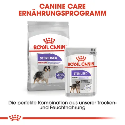Royal Canin Sterilised Medium сухой корм и Sterilised All Sizes влажный корм. Программа питания Canine Care, сочетание сухого и влажного корма.