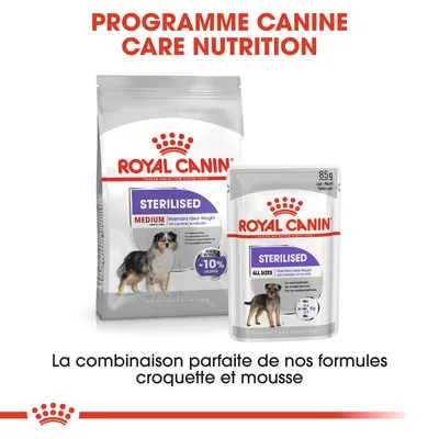 ROYAL CANIN STERILISED Medium Maintains Ideal Weight croquettes et STERILISED All Sizes mousse, -10 % calories, 85 g. Texte : La combinaison parfaite de nos formules croquette et mousse.