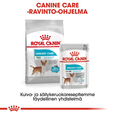 Royal Canin Urinary Care -koiranruoka, kuiva- ja märkäruokapakkaus. Teksti: CANINE CARE -RAVINTO-OHJELMA. Kuiva- ja säilykeruokareseptiemme täydellinen yhdistelmä.