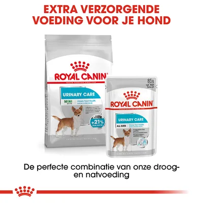 Royal Canin Urinary Care Mini droogvoer en Urinary Care All Sizes natvoer voor honden, tekst: extra verzorgende voeding voor je hond, de perfecte combinatie van droog- en natvoeding.
