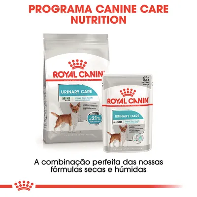 Royal Canin Urinary Care Mini ração seca e Royal Canin Urinary Care All Sizes 85 g alimento húmido para cães. Texto: Programa Canine Care Nutrition. A combinação perfeita das nossas fórmulas secas e húmidas.
