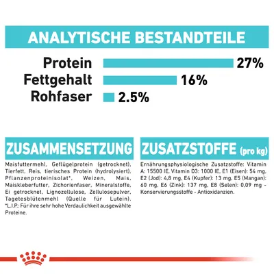 Analiza sastava: protein 27 %, mast 16 %, vlakna 2,5 %. Sastojci i dodatne tvari navedeni na njemačkom jeziku. Prikazani vitamini i minerali po kg.