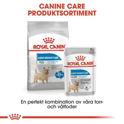 Royal Canin Light Weight Care torrfoder MINI och våtfoder ALL SIZES, båda med bild på liten hund. Text: Canine Care produktsortiment. 85 g på våtfoderförpackningen.