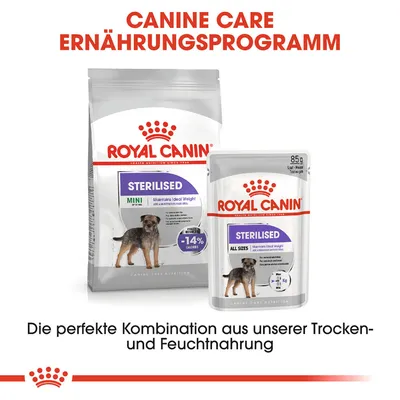 Royal Canin Sterilised Mini Trockenfutter und Sterilised All Sizes Feuchtnahrung. Perfekte Kombination für Hunde, reduziert Kalorien um -14%. Canine Care Ernährungsprogramm.