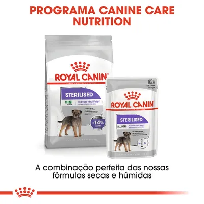 Royal Canin Sterilised Mini ração seca e Royal Canin Sterilised All Sizes alimento húmido para cães esterilizados. Texto: Programa Canine Care Nutrition, combinação perfeita de fórmulas secas e húmidas.