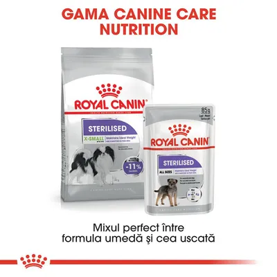 Royal Canin Sterilised X-Small hrană uscată și Royal Canin Sterilised All Sizes hrană umedă pentru câini. Text: Gama Canine Care Nutrition, mixul perfect între formula umedă și cea uscată.