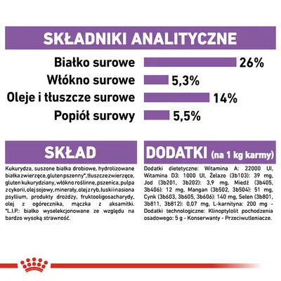 Składniki analityczne: białko surowe 26 %, włókno surowe 5,3 %, oleje i tłuszcze surowe 14 %, popiół surowy 5,5 %. Skład i dodatki: kukurydza, białka drobiowe, witaminy, minerały. Składniki analityczne: białko surowe 26 %, włókno surowe 5,3 %, oleje i tłuszcze surowe 14 %, popiół surowy 5,5 %. Skład i dodatki: kukurydza, białka drobiowe, witaminy, minerały.